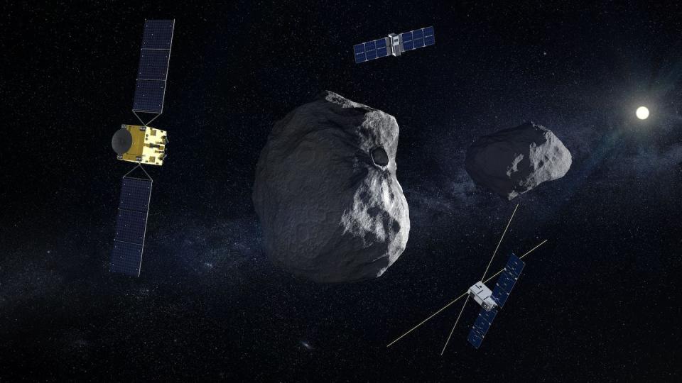 An artist’s conception of the Hera mission to literally measure the impact of NASA’s DART mission in 2022. <a href="https://www.heramission.space/press-room" rel="nofollow noopener" target="_blank" data-ylk="slk:ESA;elm:context_link;itc:0;sec:content-canvas" class="link ">ESA</a>