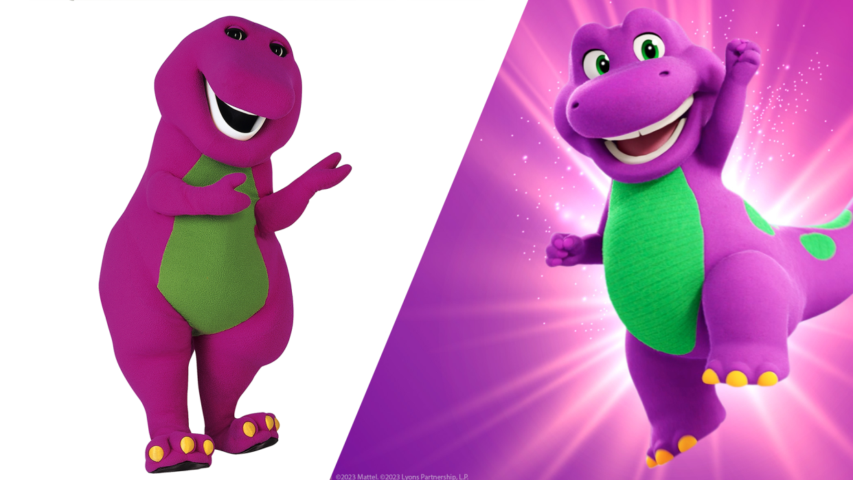 The classic PBS version of Barney alongside his Mattel makeover. (Photo: Everett Collection/Courtesy of Mattel)