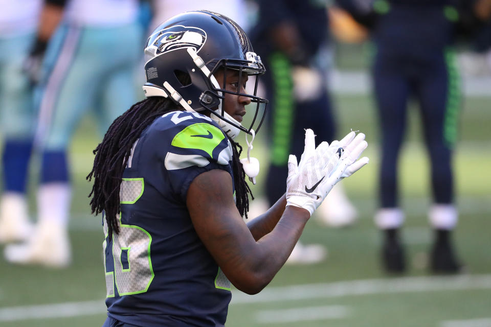 SEATTLE, WASHINGTON - SEPTEMBER 27: Shaquill Griffin #26 of the Seattle Seahawks reacts in the fourth quarter against the Dallas Cowboys at CenturyLink Field on September 27, 2020 in Seattle, Washington. (Photo by Abbie Parr/Getty Images)