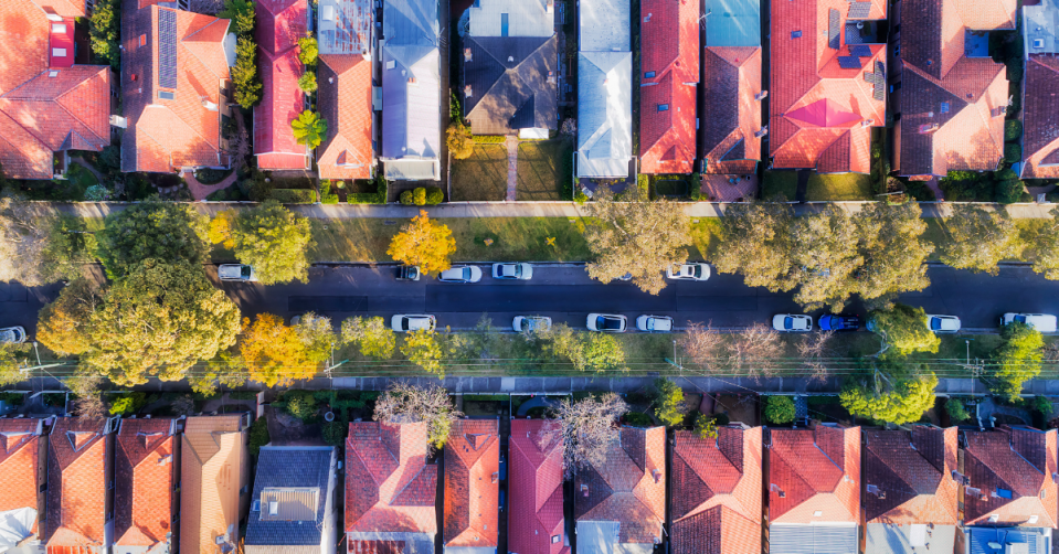 Aerial view of Australian suburb.