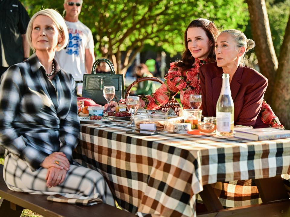 Cynthia Nixon, Kristin Davis and Sarah Jessica Parker seen on the set of "And Just Like That..." the follow up series to "Sex and the City" in Downtown Manhattan on September 20, 2021 in New York City.