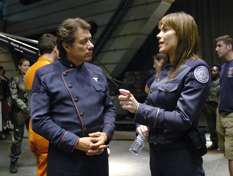 Edward James Olmos and Michelle Forbes in ‘Battlestar Galactica’ (Credit: Carole Segal/NBC/NBCU Photo Bank via Getty Images)