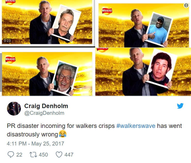 <p>Die britische Snack-Firma Walkers forderte Fans auf, Selfies unter dem Hashtag #WalkersWave zu posten, um Tickets für das Champions-League-Finale zu gewinnen. Der ehemalige Fußballprofi Gary Lineker hob die besten Selfies im Zuge der Kampagne vor einem Stadion in die Höhe. Als auf einmal unzählige Fakes auftauchten, die Diktatoren und Serienkiller auf dem Plakat zeigten, zog Walkers die Reißleine und beendete den bösen PR-Streich. </p>