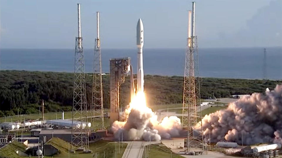 A United Launch Alliance Atlas 5 rocket thunders away from its firing stand at the Cape Canaveral Space Force Station carrying multiple National Reconnaissance Office and Space Force satellites designed to keep tabs on the activities of potential adversary spacecraft in the orbit used by many high-priority national security satellites.  / Credit: United Launch Alliance