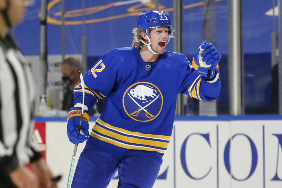 Buffalo Sabres forward Eric Staal (12) celebrates his goal during the second period of an NHL hockey game against the New Jersey Devils, Saturday, Jan. 30, 2021, in Buffalo, N.Y. (AP Photo/Jeffrey T. Barnes)