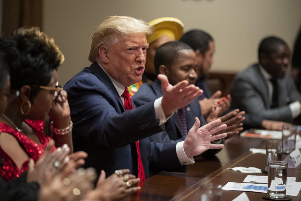 President Donald Trump speaks during an event in the Cabinet Room at the White House, Thursday, Feb. 27, 2020, in Washington. (AP Photo/Manuel Balce Ceneta)