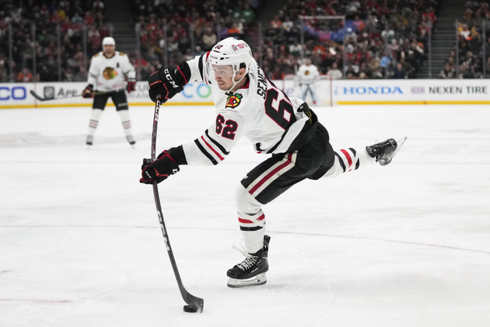 Chicago Blackhawks' Brett Seney (62) shoots during the second period of an NHL hockey game against the Anaheim Ducks, Monday, Feb. 27, 2023, in Anaheim, Calif. (AP Photo/Jae C. Hong)