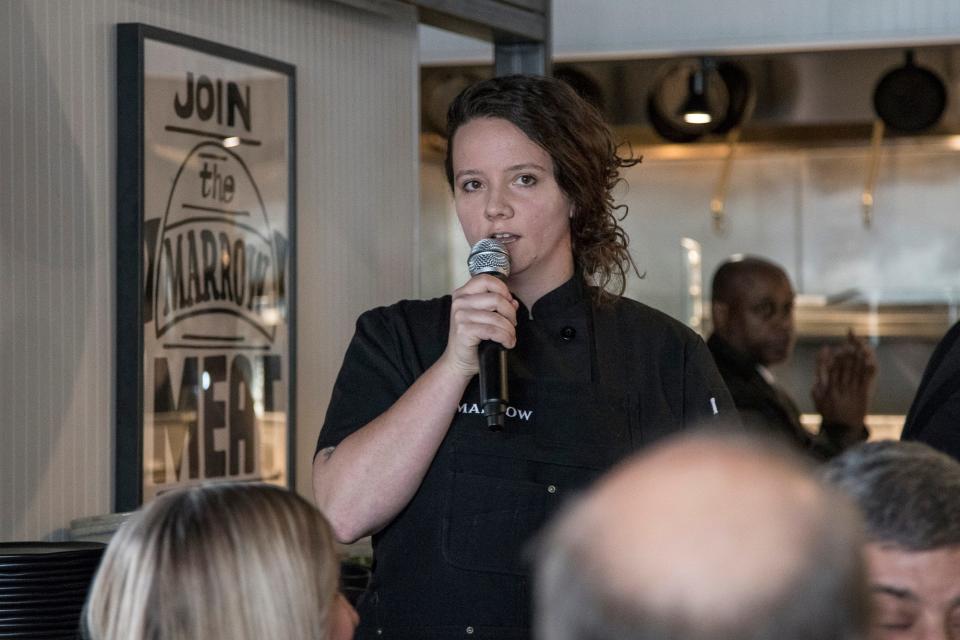 Chef Sarah Welch welcomes guests during the Detroit Free Press/ Metro Detroit Chevy Dealers Top 10 Takeover of Marrow in Detroit, Tuesday, May 21, 2019.