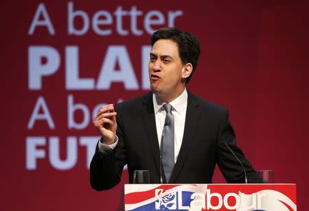 Labour Party leader Ed Miliband announces his party's election manifesto at Granada studios in Manchester, northern England, April 13, 2015. REUTERS/Andrew Yates