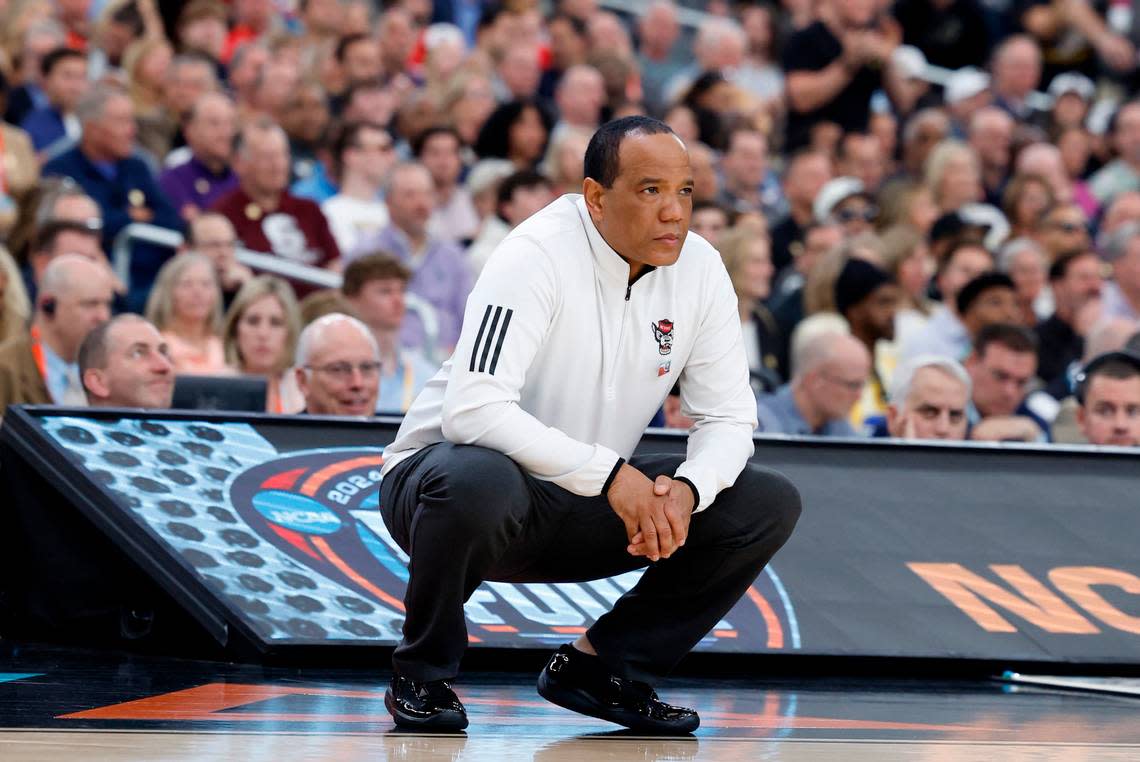 NC State coach Kevin Keatts watches as his Wolfpack falls behind Purdue in the first half of their NCAA Final Four game, Saturday, April 6, 2024. Ethan Hyman/ehyman@newsobserver.com