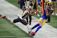 <p>Robert Woods tries to make a catch near the sideline against the New England Patriots in the first half during Super Bowl LIII against the New England Patriots at Mercedes-Benz Stadium on February 3, 2019 in Atlanta, Georgia. (Photo by Mike Ehrmann/Getty Images) </p>