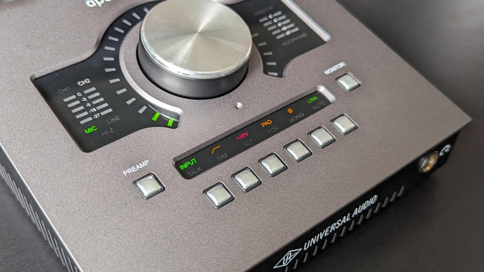 Close up of buttons on the Universal Audio Apollo Twin X front panel