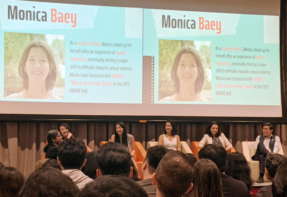 From left to right: Sexual Assault Care Centre senior case manager Lim Xiu Xuan, lawyer Priscilla Chia, advocate Monica Baey, Head of Safety Policy, APAC at Facebook Amber Hawkes and Society Against Family Violence president Benny Bong at the panel discussion on 25 November, 2019. (PHOTO: Yahoo News Singapore)