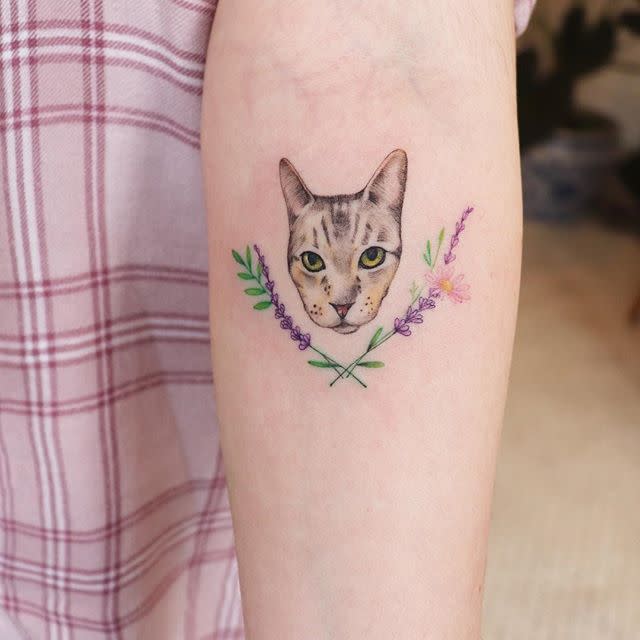 3) Wildflower Cat Portrait Tattoo