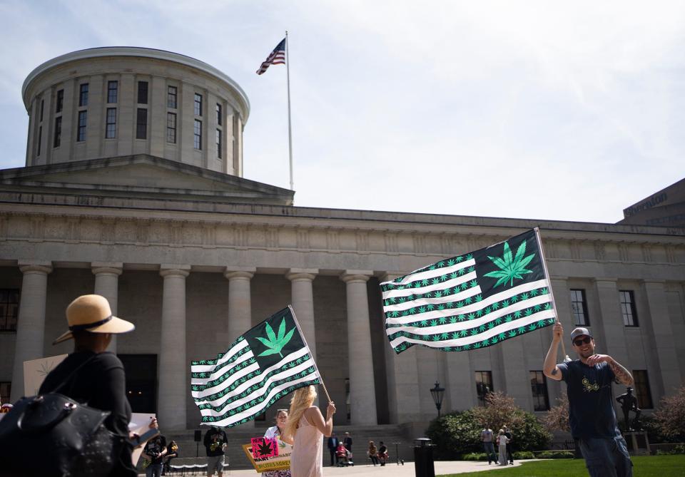 Apr 20, 2023;Columbus, Ohio, USA;  Marijuana advocates gather at the Ohio Statehouse for the "People's Cannabis Lobby Day Rally".
