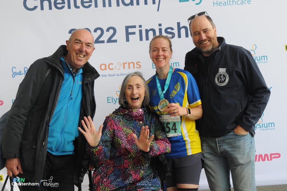 Ruth Chappell at Run Cheltenham 2022, pictured with her husband Brian and her parents June and Peter. (Supplied)