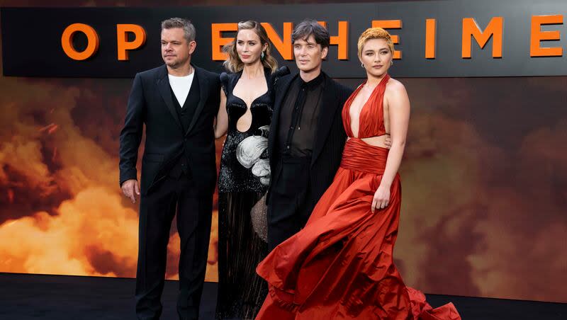 From left, Matt Damon, Emily Blunt, Cillian Murphy and Florence Pugh pose for photographers upon arrival at the premiere of the film "Oppenheimer" on Thursday, July 13, 2023, in London.