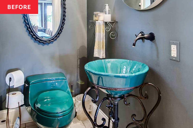 Green sink and toilet in bathroom before remodel.