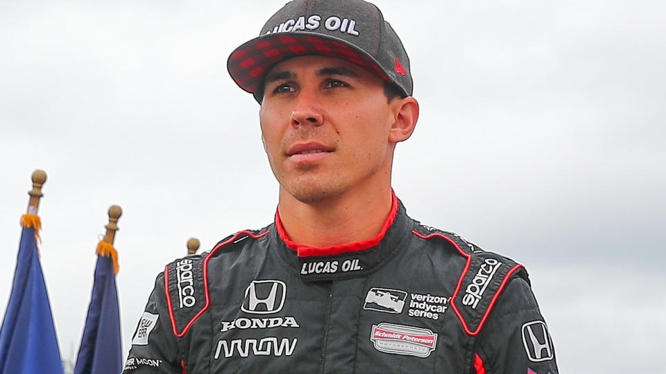 Schmidt Peterson Motorsports driver Robert Wickens (6) of Canada during driver introductions prior to the IndyCar Series ABC Supply 500 on August 19, 2018, at Pocono Raceway in Long Pond, PA. (Photo by Rich Graessle/Icon Sportswire via Getty Images)