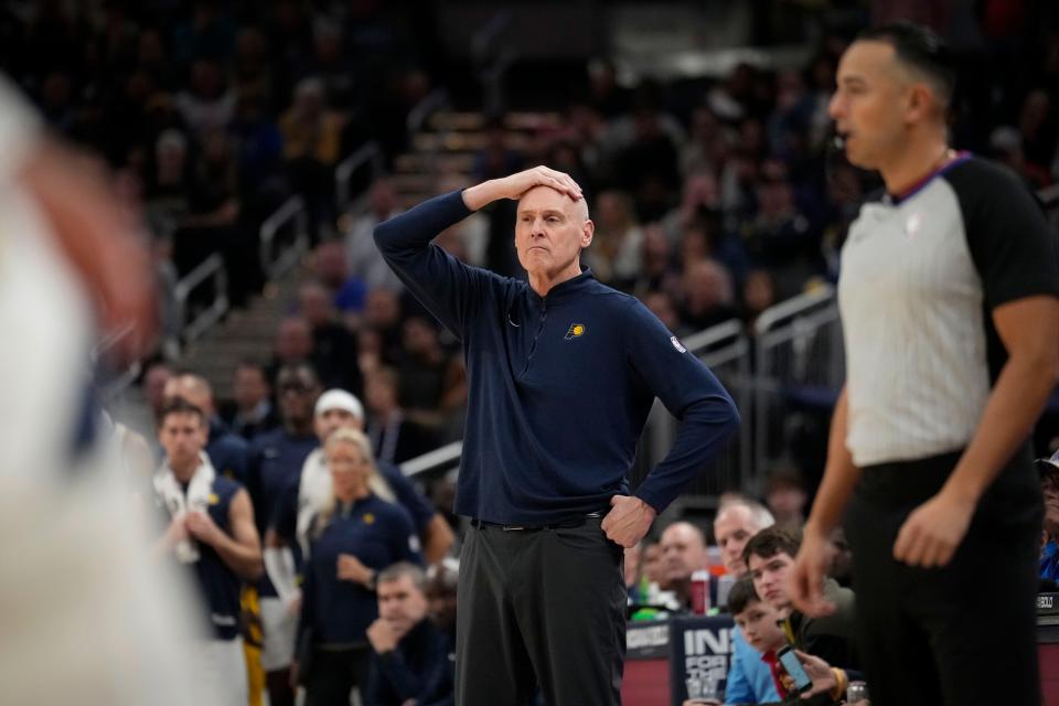 Indiana Pacers coach Rick Carlisle reacts as the team played against the Charlotte Hornets during the second half of an NBA basketball game in Indianapolis, Saturday, Nov. 4, 2023. (AP Photo/AJ Mast)