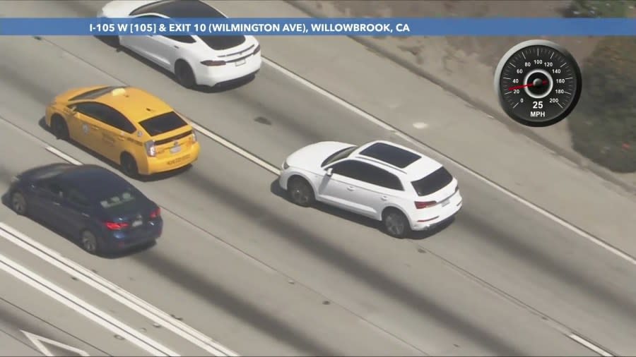 The suspects' white Audi SUV led police officers on a lengthy pursuit through L.A. and Orange counties on June 26, 2024. (KTLA)