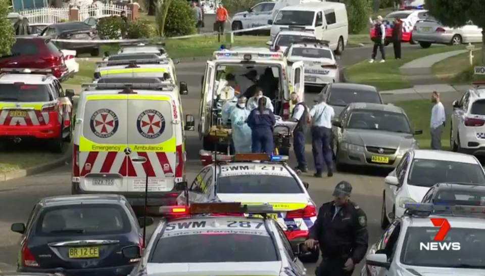 Paramedics and police at the scene in Casula. Source: 7News