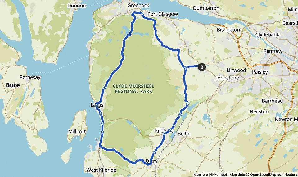 Komoot map of Clydemuirshiel National Park ride Glasgow