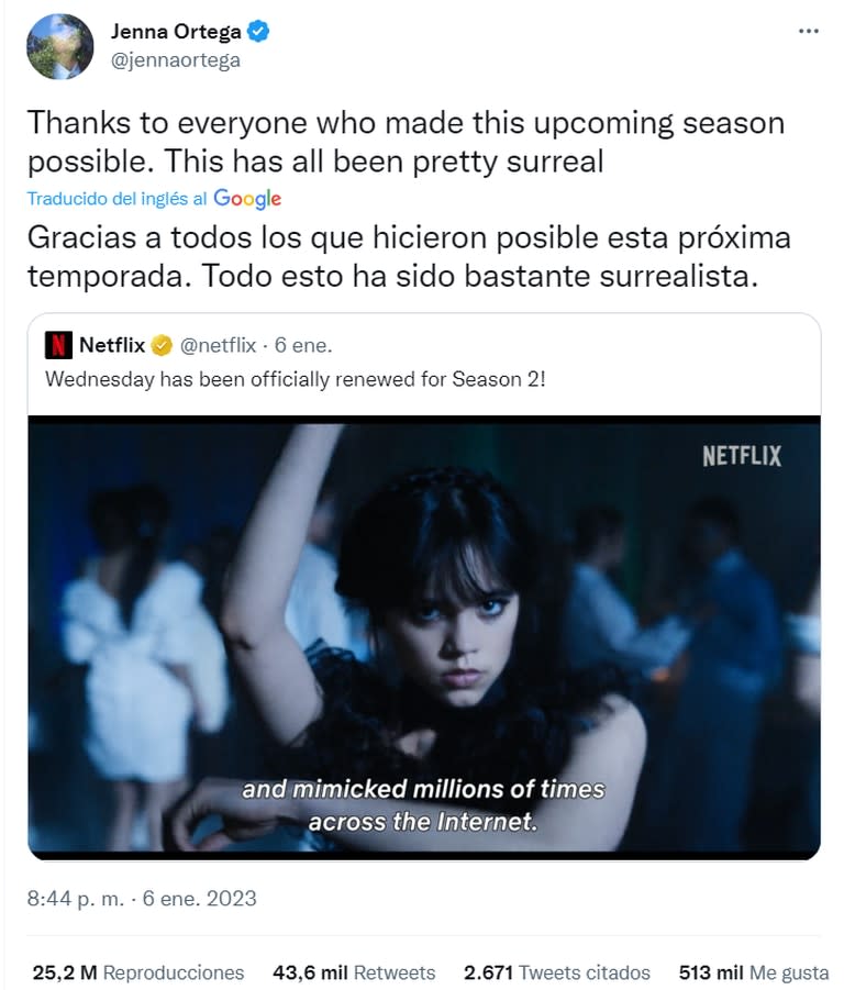 Netflix confirmó una segunda temporada de Merlina y Jenna Ortega lo festejó en redes: “Es irreal”