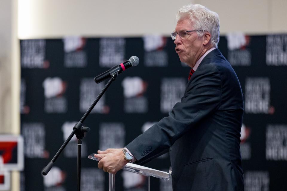 Dr. Richard Lange, president of Texas Tech University Health Sciences Center El Paso, speaks before El Paso auto dealer Steve Fox and his family presented a gift of $25M to the Texas Tech University Health Services Center El Paso for a new cancer center in El Paso on Tuesday, Aug. 8, 2023, at the Texas Tech campus in El Paso.