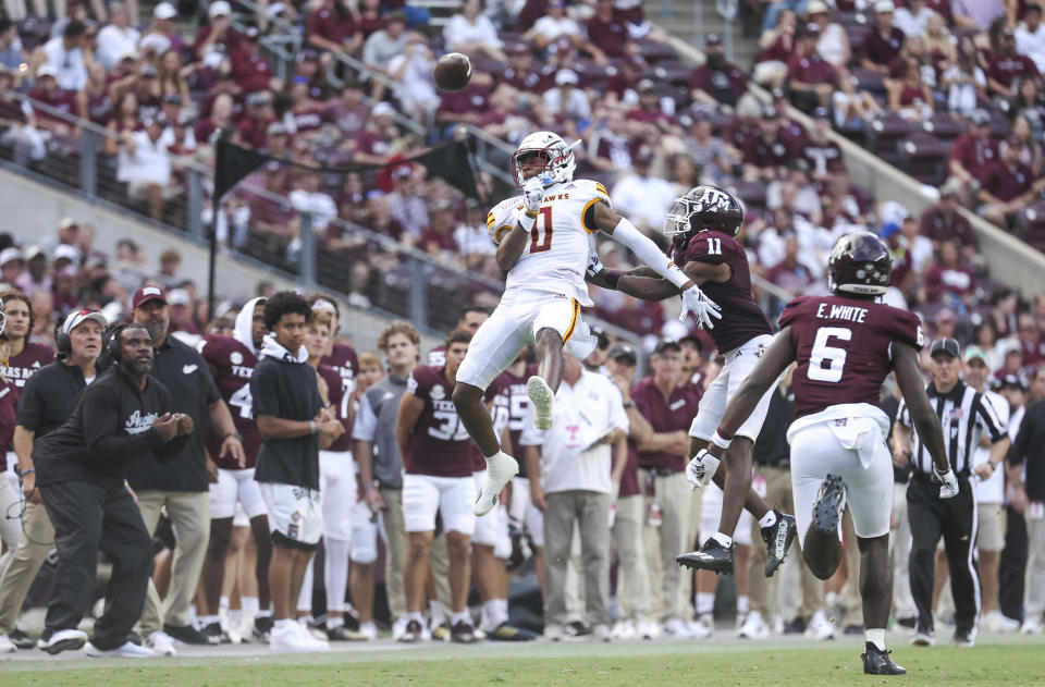 Sep 16, 2023; College Station, Texas; Louisiana Monroe Warhawks wide receiver Bud Tolbert (0) is unable to make a reception on a play as Texas A&M Aggies defensive back Deuce Harmon (11) defends during the third quarter at Kyle Field. Troy Taormina-USA TODAY Sports