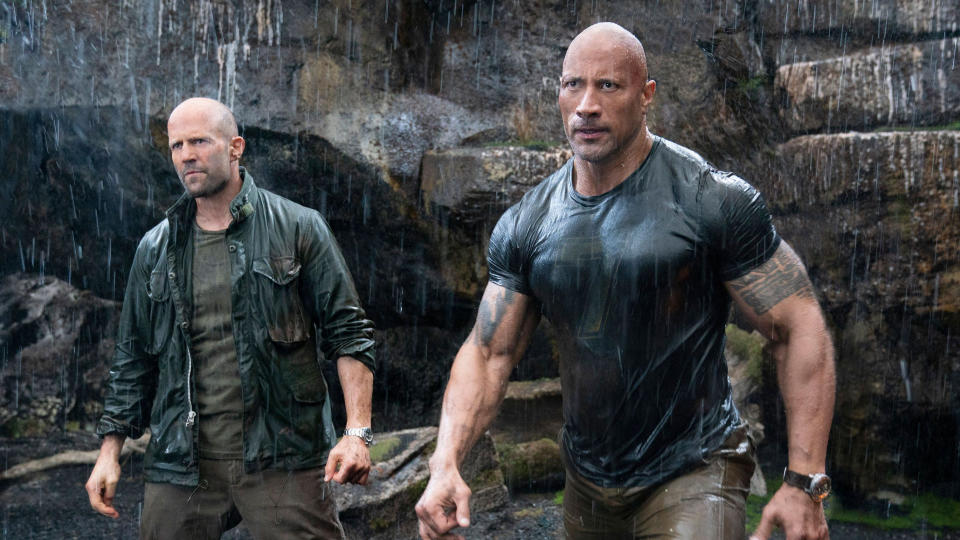 Jason Statham and Dwayne Johnson in 'Hobbs & Shaw'. (Credit: Universal)