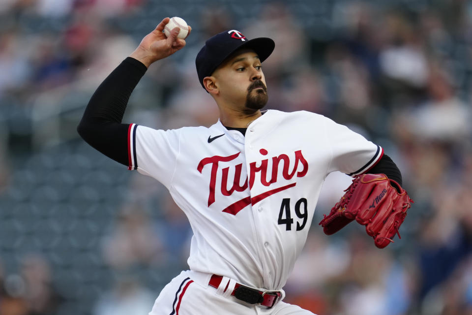 Minnesota Twins starting pitcher Pablo Lopez delivers during the second inning of the team's baseball game against the Kansas City Royals, Wednesday, July 5, 2023, in Minneapolis. (AP Photo/Abbie Parr)