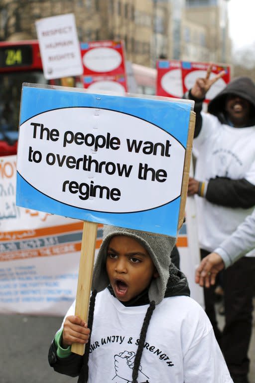 A demonstrator shouts slogans during a protest outside the Eritrean Embassy in central London in February. Every week, members of the diaspora make hundreds or even thousands of automated calls to their compatriots in the eastern African nation, chosing their numbers at random and playing them one-minute recorded messages to spread dissent