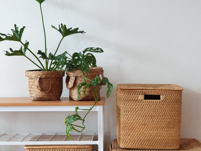 Rattan baskets and planters with white wall and wooden floor