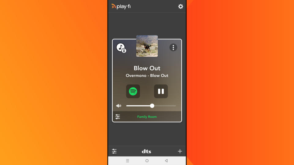 A screenshot from the DTS Play-Fi app for Android on an orange background