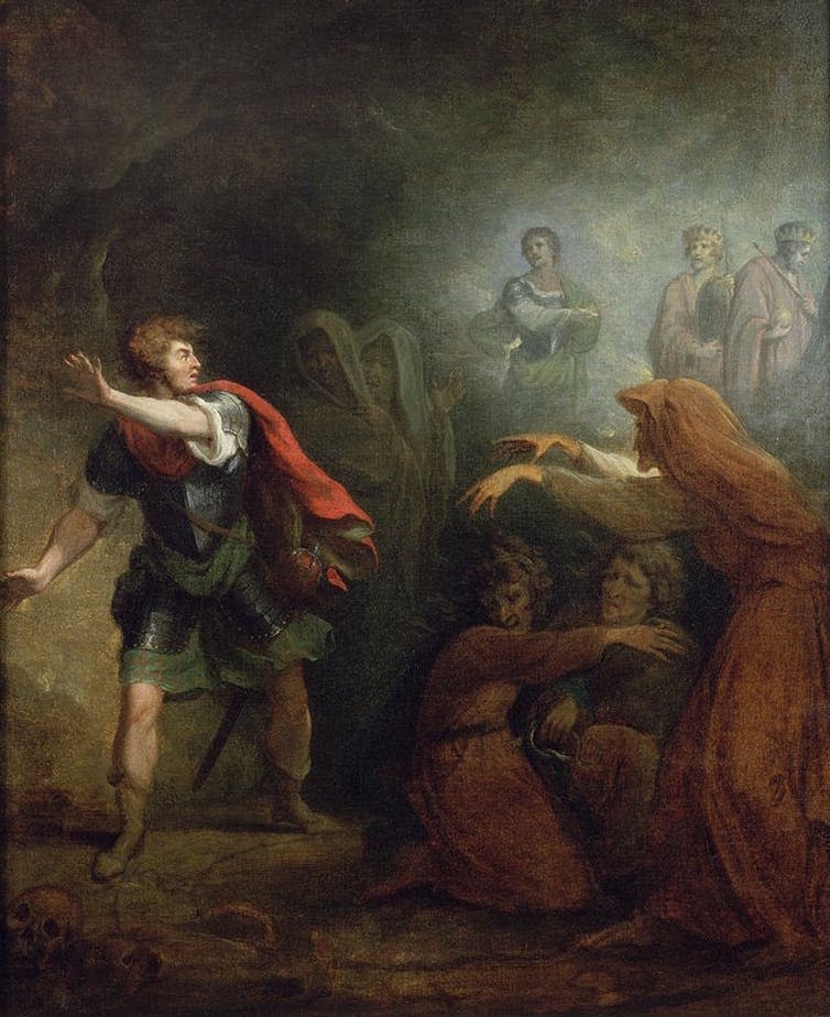 <span class="caption">British painter George Romney was only one of many artists whose imagination was inspired by the three witches in Shakespeare’s Macbeth.</span> <span class="attribution"><a class="link " href="https://commons.wikimedia.org/w/index.php?search=shakespeare+witches&title=Special:MediaSearch&go=Go&type=image" rel="nofollow noopener" target="_blank" data-ylk="slk:Wikimedia Commons;elm:context_link;itc:0;sec:content-canvas">Wikimedia Commons</a>, <a class="link " href="http://creativecommons.org/licenses/by/4.0/" rel="nofollow noopener" target="_blank" data-ylk="slk:CC BY;elm:context_link;itc:0;sec:content-canvas">CC BY</a></span>