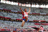 <p>Juan Miguel Echevarria of Team Cuba competes in the Men's Long Jump Final on day ten of the Tokyo 2020 Olympic Games at Olympic Stadium on August 02, 2021 in Tokyo, Japan. (Photo by Cameron Spencer/Getty Images)</p> 