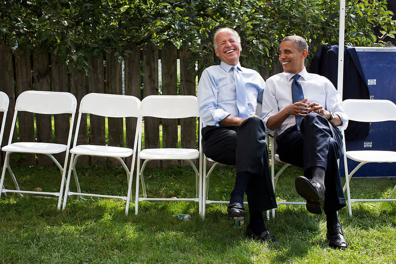 <b>Sept. 7, 2012:</b> "The President and Vice President share a laugh before a campaign rally together in Portsmouth, N.H." (Official White House Photo by Pete Souza)