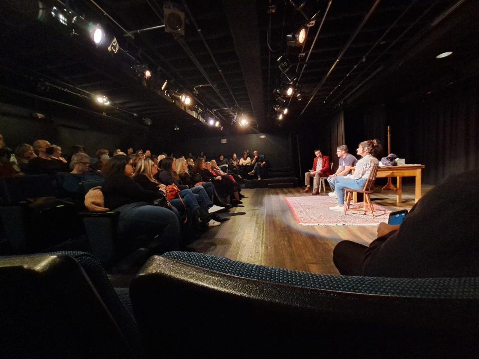 From left, Ben Weisman hosts a talkback after a staged reading of "The Guys" starring Adam T. Perkins and Lauren Moran, at the Parsippany Arts Center.