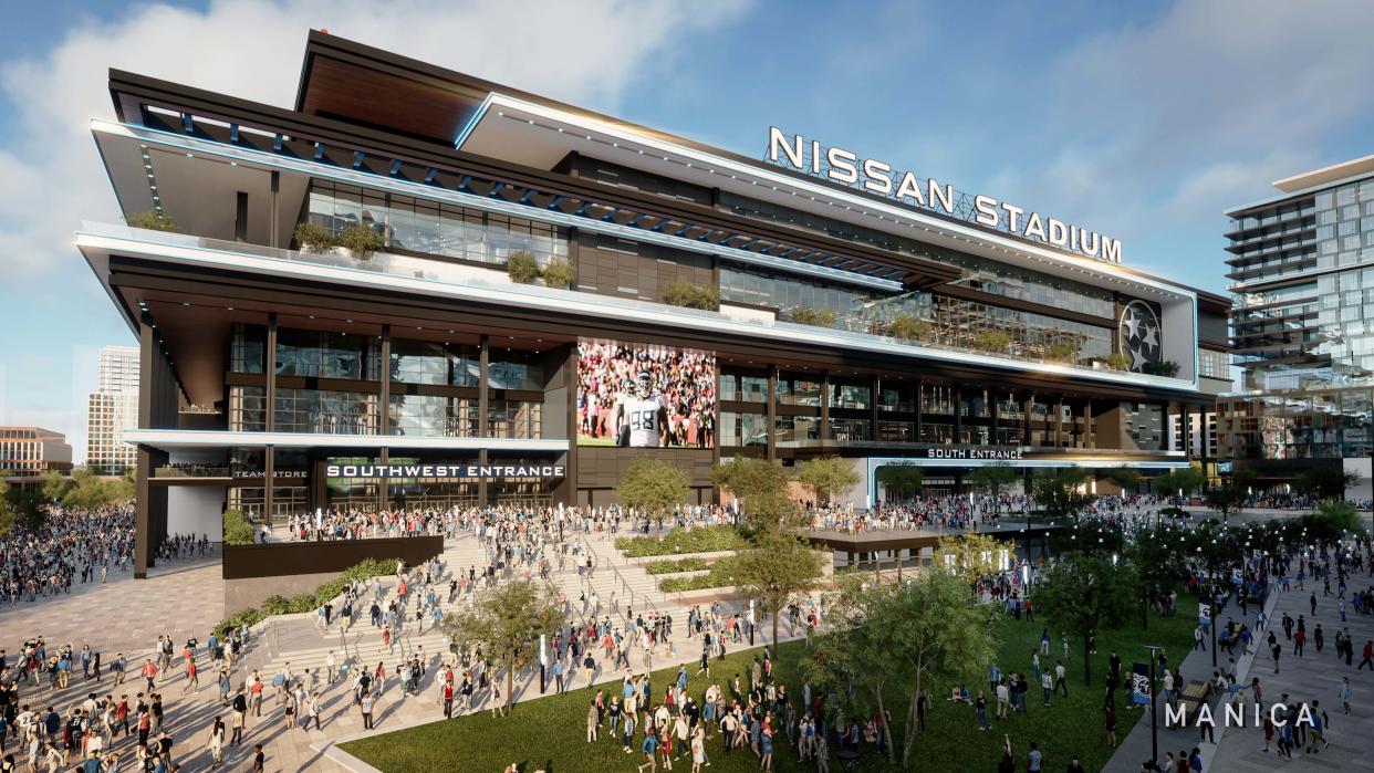 A new rendering of the Tennessee Titans planned NFL stadium in downtown Nashville.