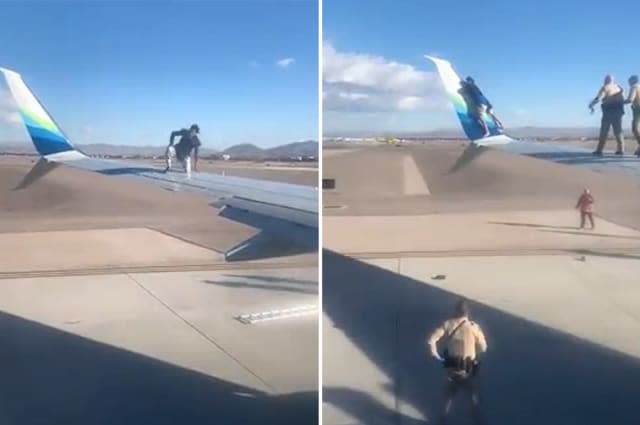 Bizarre moment man climbs on wing of aeroplane in US airport