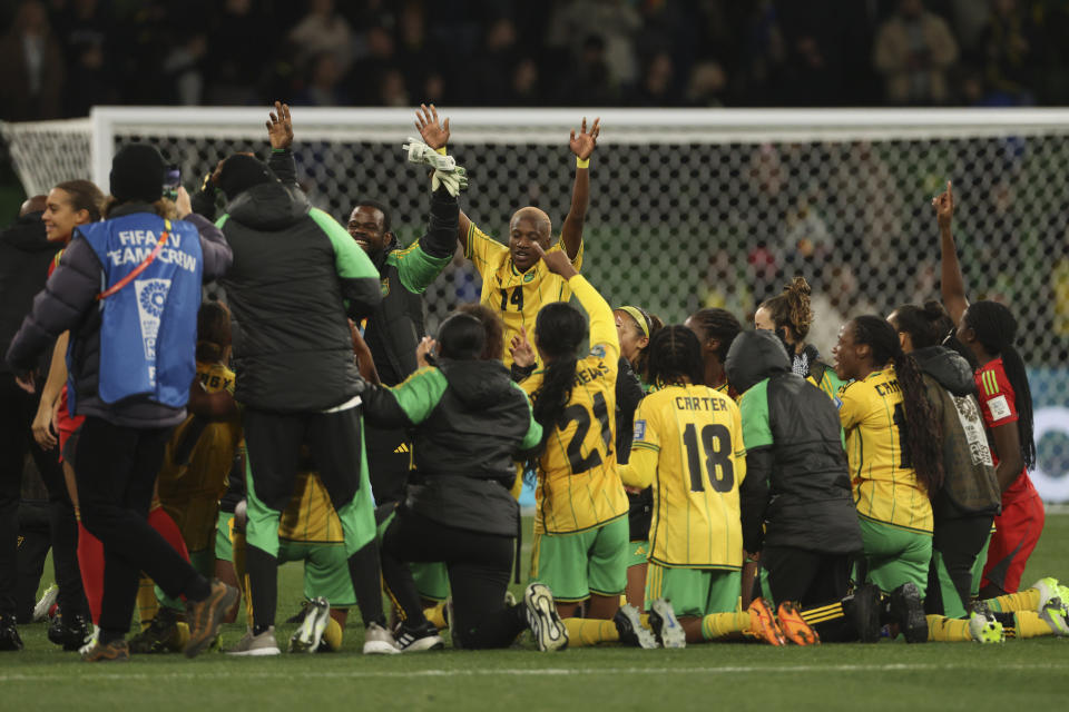 Jamaica's team members celebrates after the Women's World Cup Group F soccer match between Jamaica and Brazil in Melbourne, Australia, Wednesday, Aug. 2, 2023. (AP Photo/Hamish Blair)