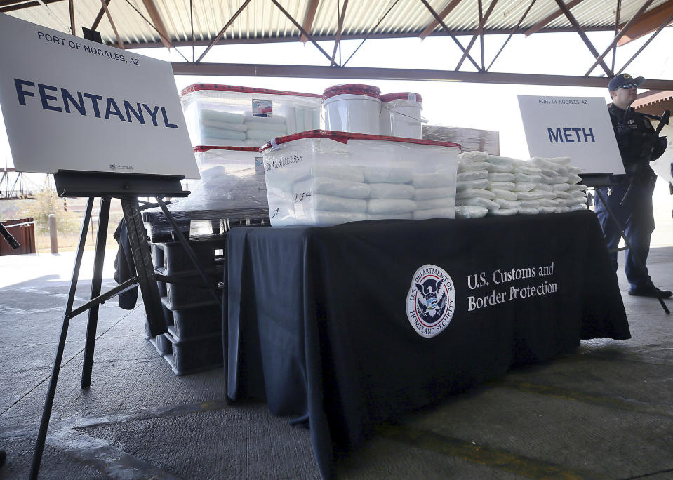 FILE - This Thursday, Jan. 31, 2019 file photo shows a display of the fentanyl and meth that was seized by Customs and Border Protection officers at the Nogales Port of Entry, during a news conference in Nogales, Ariz. According to a report released by the Centers for Disease Control and Prevention on Friday, Oct. 25, 2019, fentanyl is driving drug overdose deaths in the U.S. overall, but in nearly half of the country, it’s a different story. Meth is the bigger killer. (Mamta Popat/Arizona Daily Star via AP)