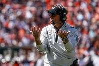 Missouri head coach Eliah Drinkwitz reacts during the first half of an NCAA college football game against Auburn, Saturday, Sept. 24, 2022 in Auburn, Ala. (AP Photo/Butch Dill)