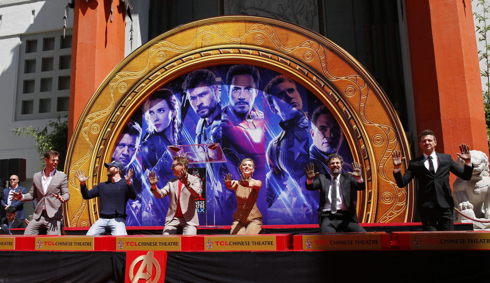 LOS ANGELES, April 24, 2019 -- Actors Chris Hemsworth, Chris Evans, Robert Downey Jr., actress Scarlett Johansson, actors Mark Ruffalo, Jeremy Renner From L to R attend their print ceremony in the forecourt of the TCL Chinese Theater in Los Angeles, the United States, April 23, 2019. The cast of Marvel Studios "Avengers: Endgame" including Robert Downey Jr., Chris Evans, Mark Ruffalo, Chris Hemsworth, Scarlett Johansson, and Jeremy Renner, along with Marvel Studios President Kevin Feige, received one of Hollywood's oldest accolades this Tuesday, to sign their names and put their handprints in cement at the TCL Chinese Theater IMAX in Hollywood. (Xinhua/Li Ying) (Xinhua/ via Getty Images)