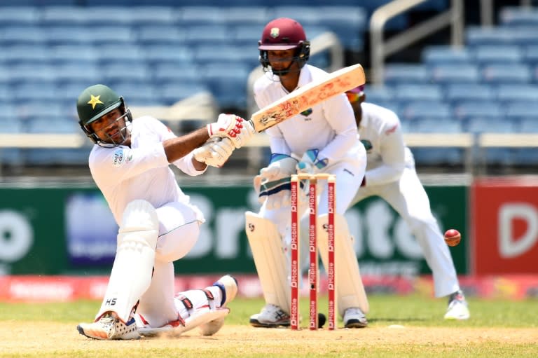 Pakistan's batsman Sarfraz Ahmed plays a shot on day four of the first Test match between West Indies and Pakistan at the Sabina Park in Kingston, Jamaica, on April 24, 2017