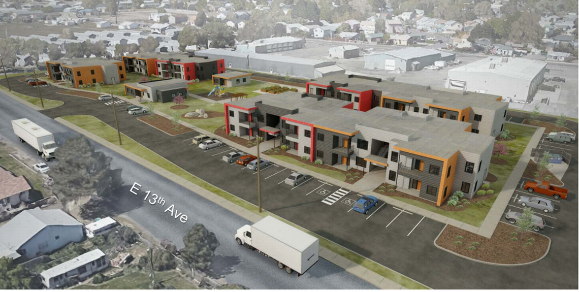 A conceptual drawing shows a proposed affordable housing complex on land that is now part of the Kennewick 10th Avenue shops.
