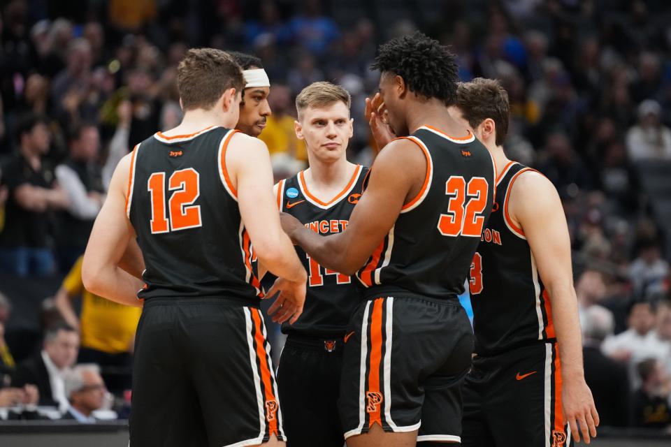 Mar 18, 2023; Sacramento, CA, USA; The Princeton Tigers’ starters huddle prior to a game against the Missouri Tigers at Golden 1 Center. Mandatory Credit: Kyle Terada-USA TODAY Sports