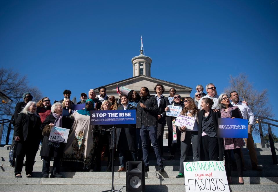 Rep. Justin Jones, D-Nashville speaks during a press conference held in response to a Nazi group known as “Blood Tribe” that marched through downtown Nashville over the weekend at Legislative Plaza in Nashville , Tenn., Monday, Feb. 19, 2024.