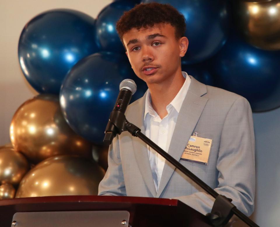 Camron McLaughlin of La Quinta High School speaks during a Greater Coachella Valley Student of the Year event at The Classic Club in Palm Desert on April 30, 2024.